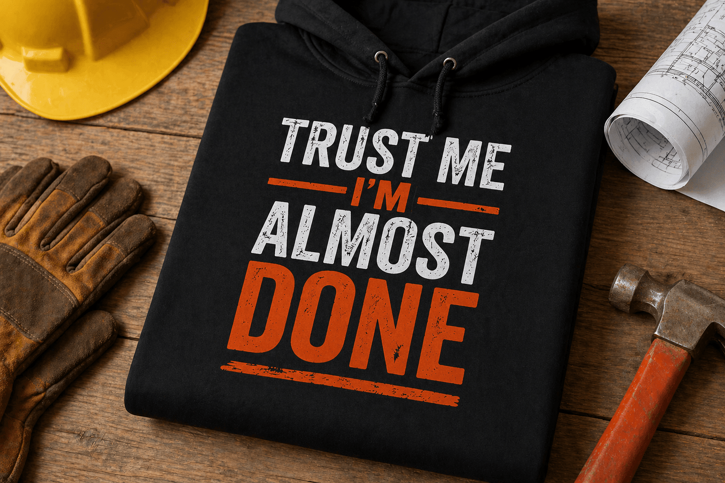 Trust Me I’m Almost Done Construction Hoodies Print Material | Funny Blue Collar Apparel by Nailed it apparel