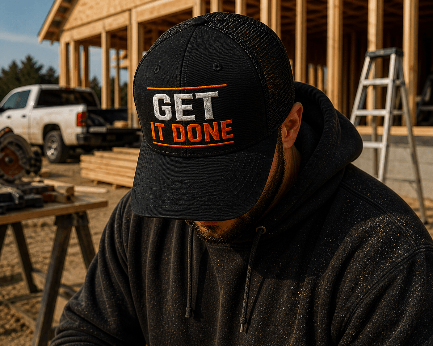 GET IT DONE Trucker Hat Print Material | Funny Blue Collar Apparel by Nailed it apparel