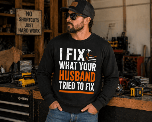 I Fix What Your Husband Tried sweatshirt Print Material | Funny Blue Collar Apparel by Nailed it apparel