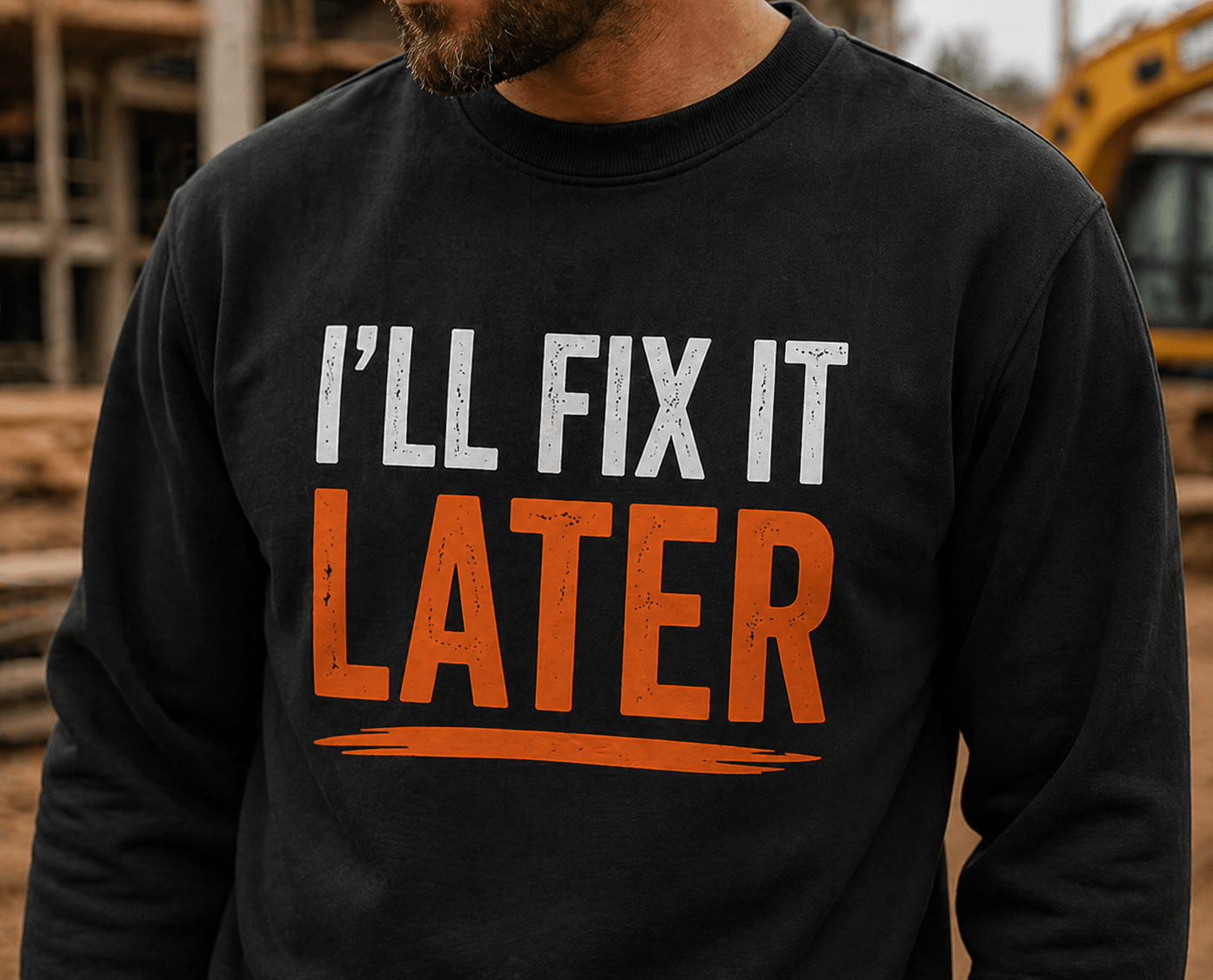 I’ll Fix It Later Funny Construction Work Sweatshirt Print Material | Funny Blue Collar Apparel by Nailed it apparel