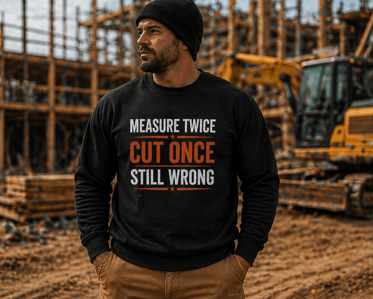 Measure Twice Cut Once Still Wrong Sweatshirt Print Material | Funny Blue Collar Apparel by Nailed it apparel