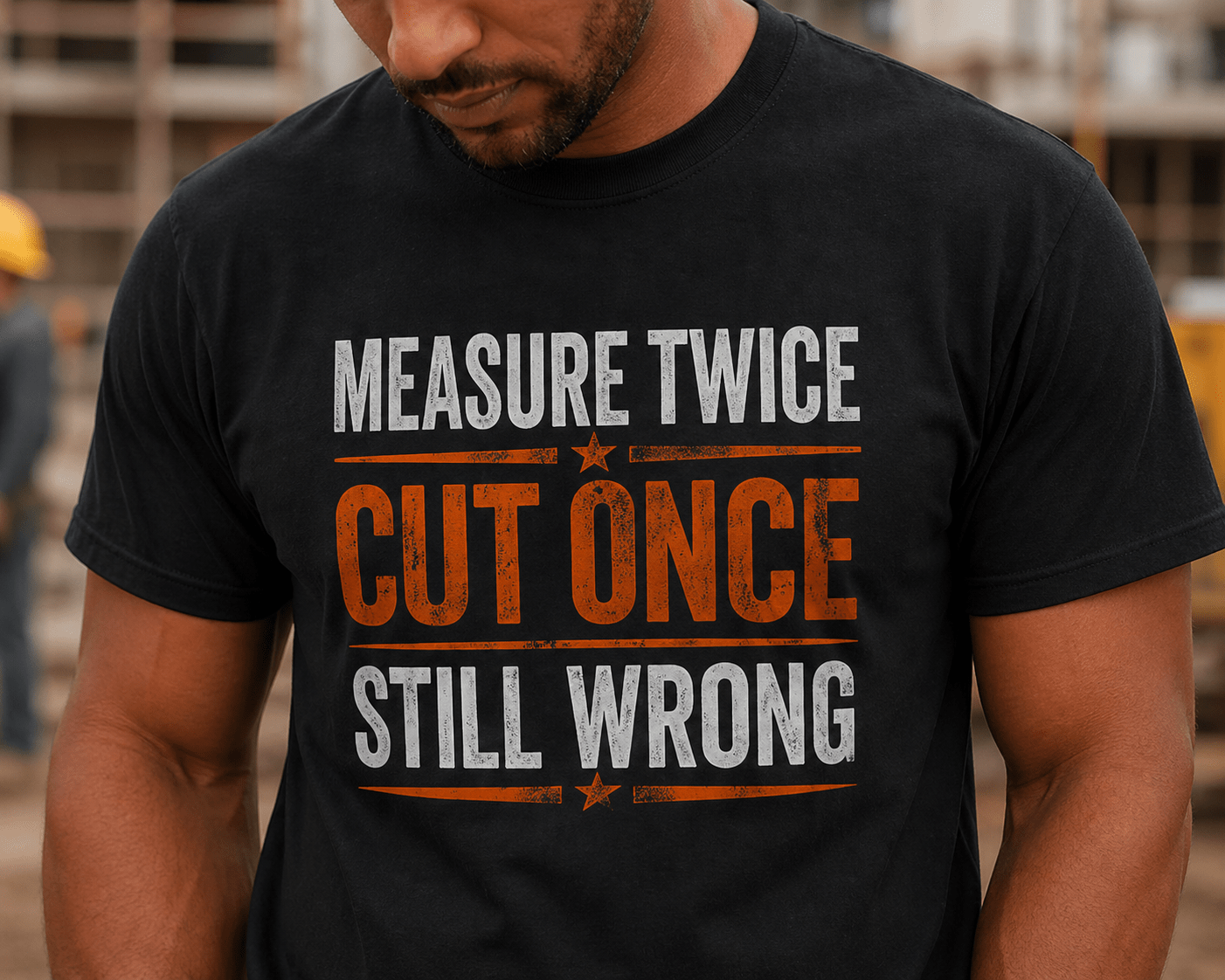 Measure Twice Cut Once Still Wrong T-shirt Print Material | Funny Blue Collar Apparel by Nailed it apparel