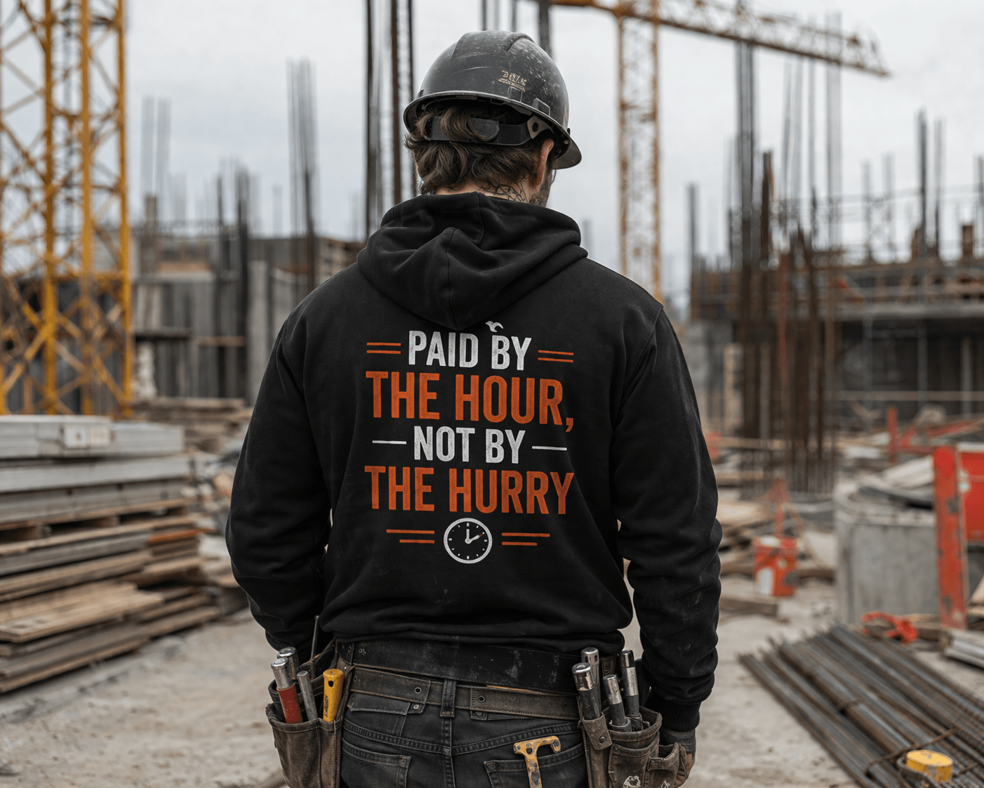 Paid By The Hour Not By The Hurry Hoodie Construction Workwear Print Material | Funny Blue Collar Apparel by Nailed it apparel
