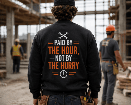 Paid By The Hour Not By The Hurry Sweatshirt Workwear Crewneck Print Material | Funny Blue Collar Apparel by Nailed it apparel