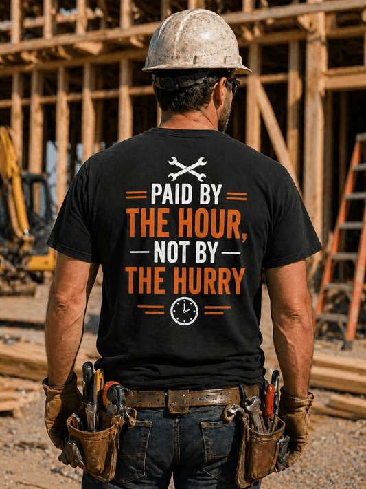 Paid By The Hour Not By The Hurry T-Shirt Print Material | Funny Blue Collar Apparel by Nailed it apparel