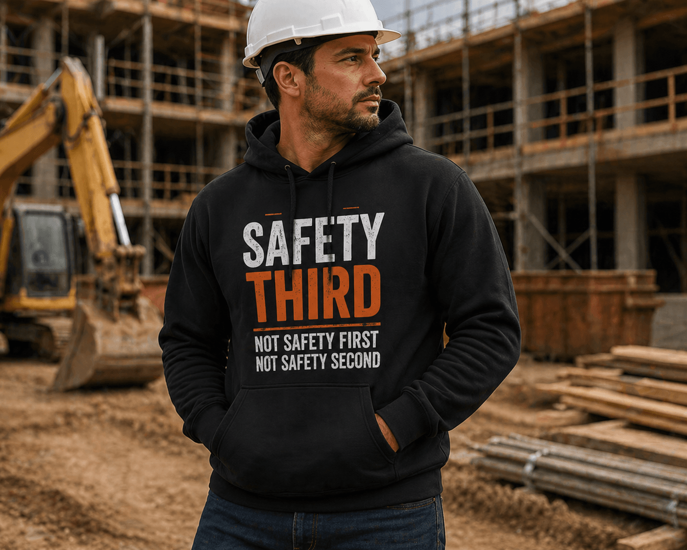 Safety Third Hoodie Funny Construction Work Hoodie Print Material | Funny Blue Collar Apparel by Nailed it apparel