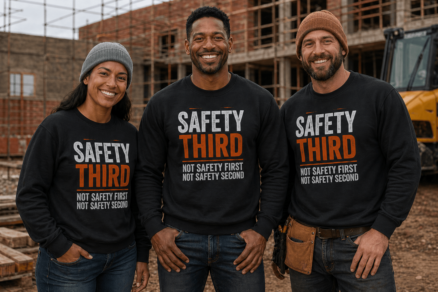 Safety Third Not Safety First Funny Construction Sweatshirt Print Material | Funny Blue Collar Apparel by Nailed it apparel