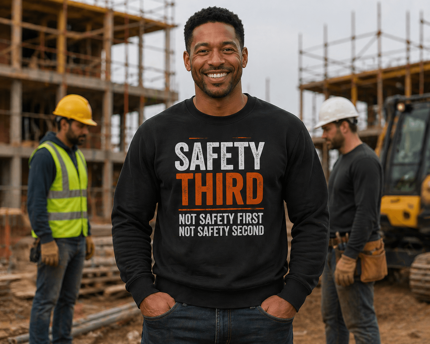 Safety Third Not Safety First Funny Construction Sweatshirt Print Material | Funny Blue Collar Apparel by Nailed it apparel