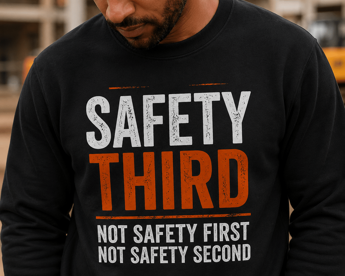 Safety Third Not Safety First Funny Construction Sweatshirt Print Material | Funny Blue Collar Apparel by Nailed it apparel