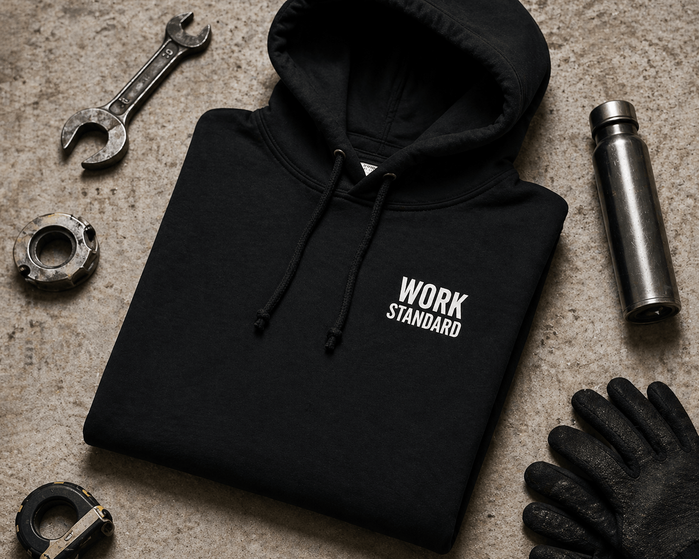 Work Standard Good Enough Hoodie Funny Construction Workwear Print Material | Funny Blue Collar Apparel by Nailed it apparel