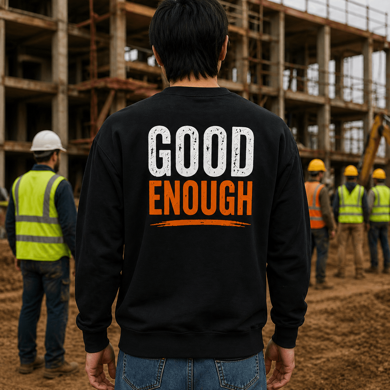 Work Standard Good Enough Sweatshirt Construction Workwear Crewneck Print Material | Funny Blue Collar Apparel by Nailed it apparel