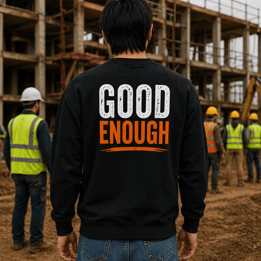 Work Standard Good Enough Sweatshirt Construction Workwear Crewneck Print Material | Funny Blue Collar Apparel by Nailed it apparel